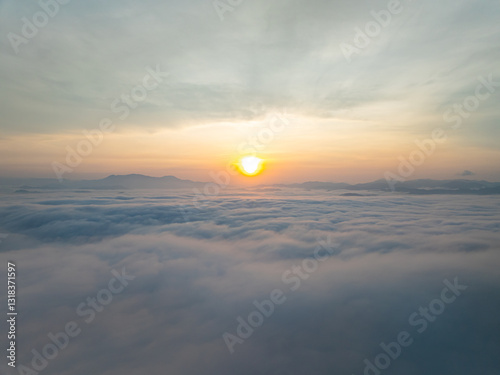 Fototapeta Naklejka Na Ścianę i Meble -  Drone aerial view of landscape fog over mountains in sunrise sky,High angle view over countryside at Southeast asia,Phang Nga Thailand,Wide angle view nature landscape