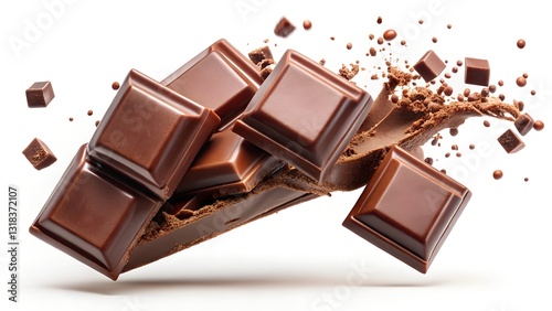 chocolate pieces on white background