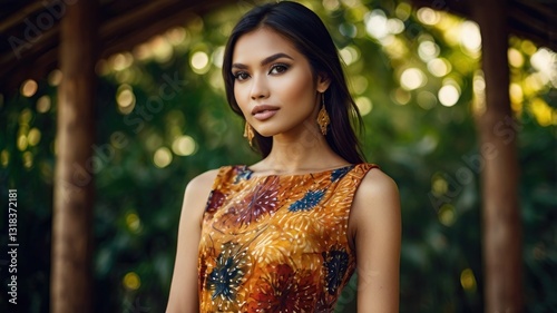 Woman in batik dress, garden gazebo