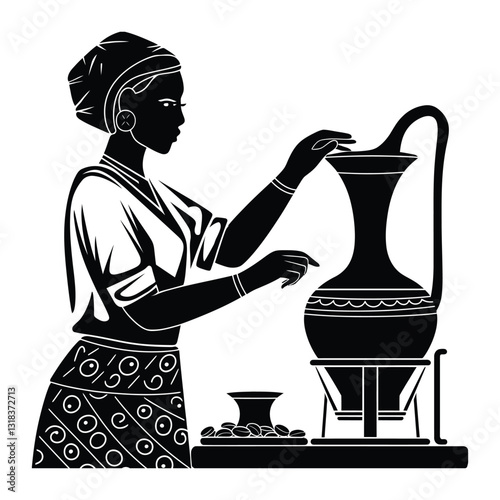 Ethiopian Coffee Ceremony Silhouette, Vector, Icon, Logo, White Background.
