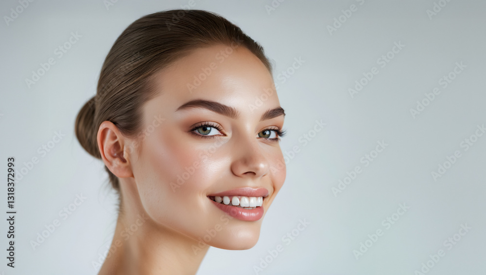 Beautiful smiling woman with perfect skin and white teeth showing on grey background Beautiful smiling woman with perfect skin and white teeth showing on grey background