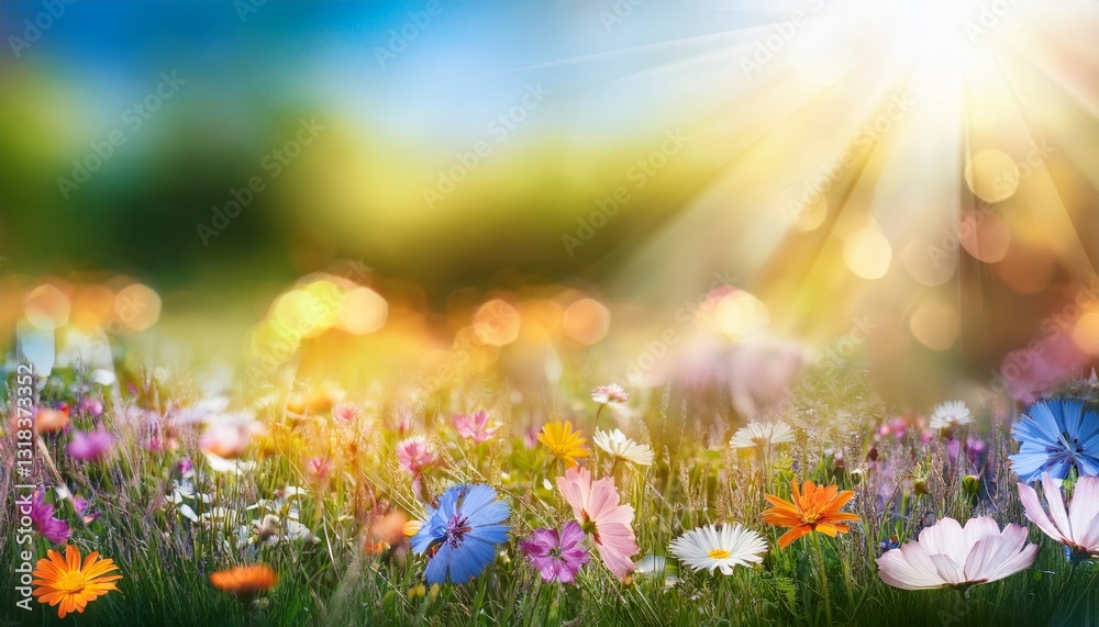 Fototapeta premium Colorful flower meadow with flowers in pastel hues with sunbeams in summer