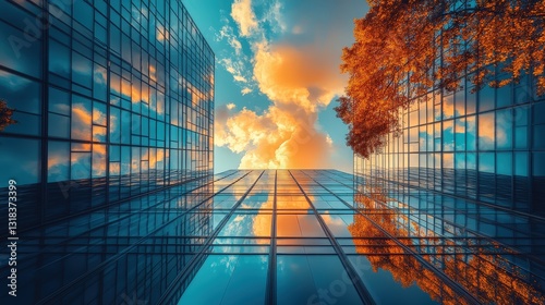 A majestic glass skyscraper mirrors itself against its own façade, set against a backdrop of deep blue sky—capturing elegance in architecture and reflection photo