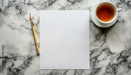 Blank Paper And Teacup On Marble Surface With Pencil