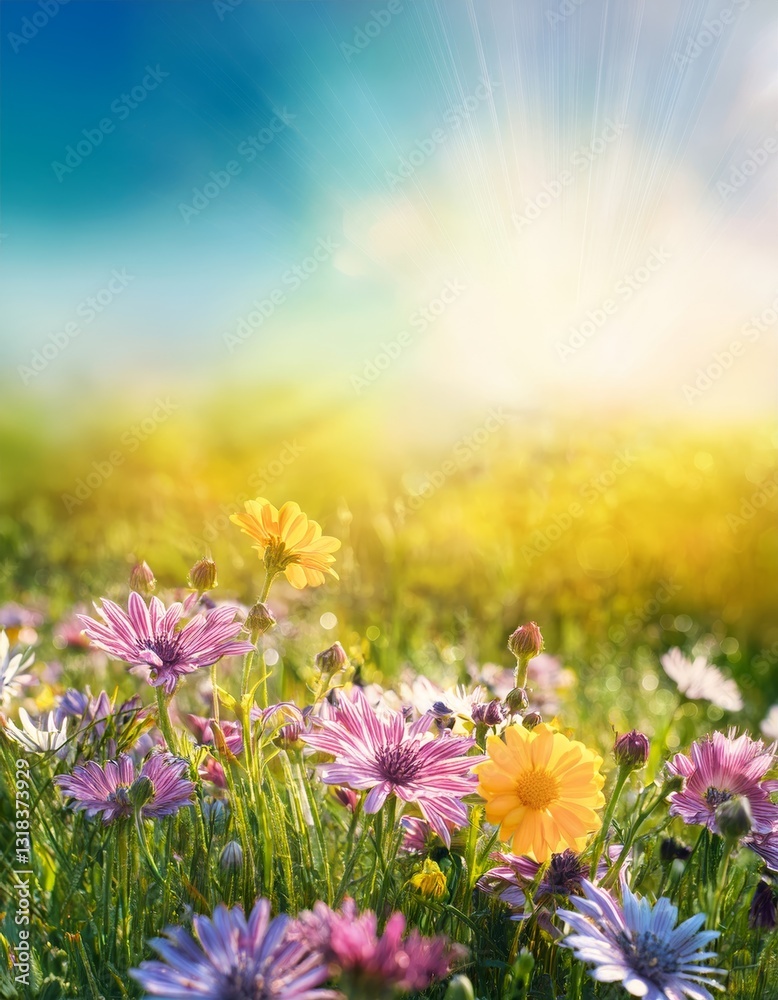 Fototapeta premium Colorful flower meadow with flowers in pastel hues with sunbeams in summer