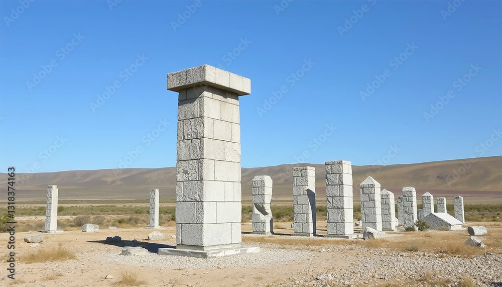 A Serene, Sun-drenched Landscape Featuring A Series Of Imposing Stone Pillars Under A Brilliant Blue Sky, Creating An Enigmatic And Timeless Atmosphere A Serene, Sun-drenched Landscape Featuring A Series Of Imposing Stone Pillars Under A Brilliant Blue Sky, Creating An Enigmatic And Timeless Atmosphere