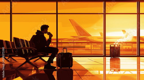 This medium-shot vector image shows a passenger enjoying coffee at an airport café while their carry-on bag is next to them. 