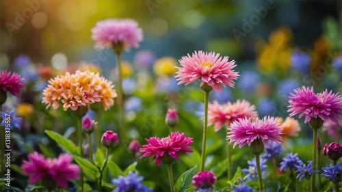 Vibrant Garden of Colorful Flowers Blooming in Sunny Springtime