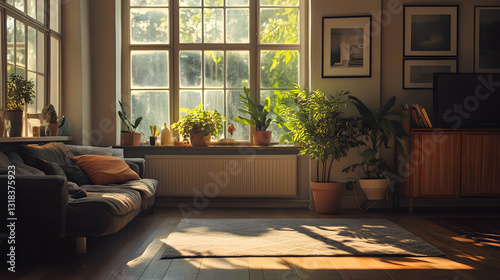 Sunlit Living Room with Fresh Green Plants Decor