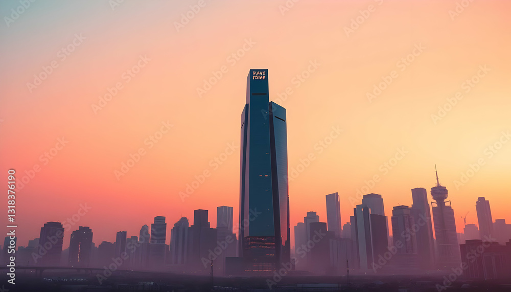Fototapeta premium Dramatic Sunset Over Urban Skyline with Towering Skyscrapers