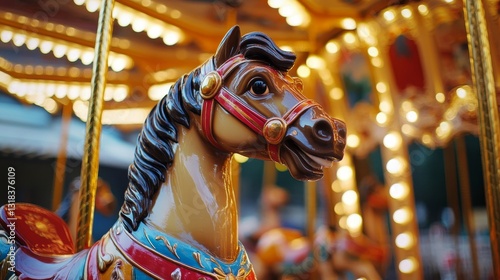 Close up view of a children s vintage carousel featuring colorful horses and whimsical designs