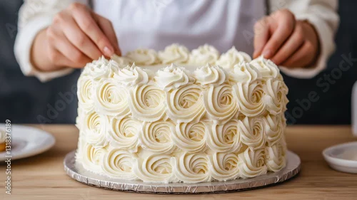 Obraz  z motywem Close up of hands decorating homemade cake with creamy frosting, showcasing intricate designs and beautiful finish. Perfect for baking enthusiasts and dessert lovers