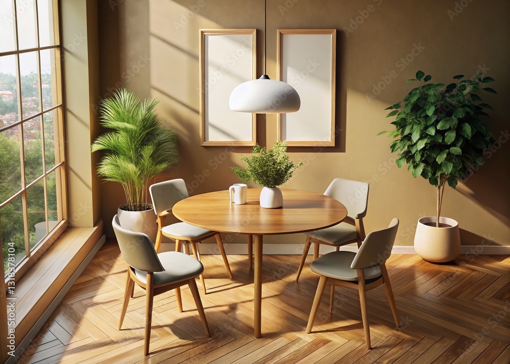 Minimalist Scandinavian Dining Room: Round Table, Natural Light, Earth Tones, Blank Wall Art