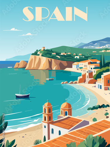 Spain Travel Destination Poster in retro style. Mediterranean coastal landscape print. European summer vacation, holidays concept. Vintage vector colorful illustration.