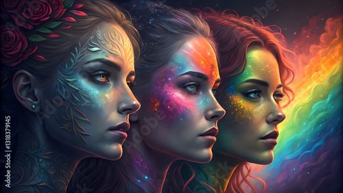 Ethereal Trio of Women with Vibrant Fantasy Face Art
