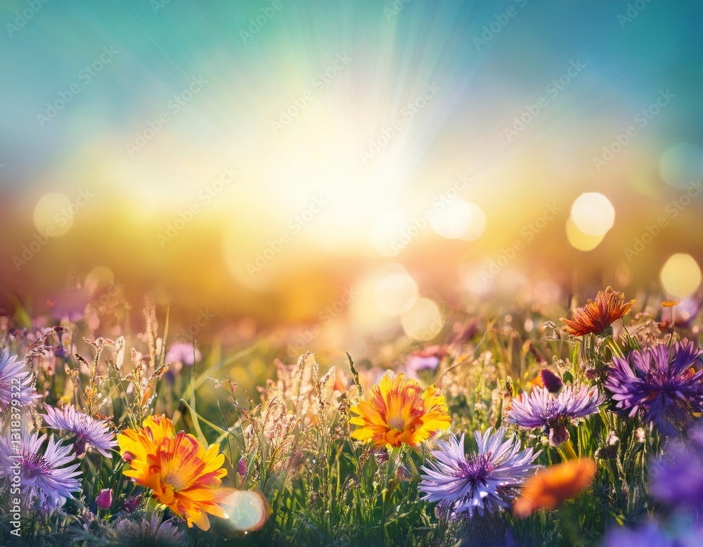 Fototapeta premium Colorful flower meadow with flowers in pastel hues with sunbeams in summer