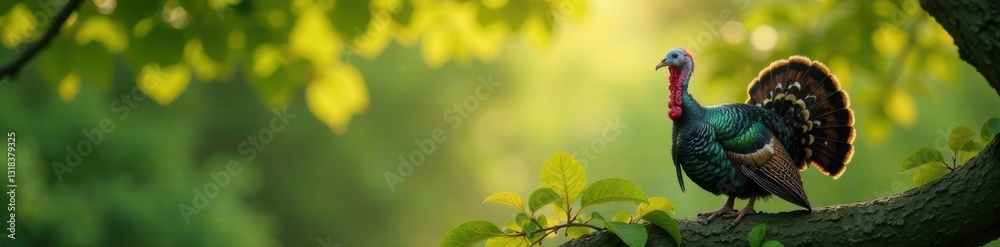 Fototapeta premium A stylish turkey in shades perched on a branch with lush foliage, scenery, bird, foliage