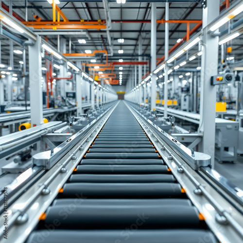 Empty modern conveyor belt of production line, part of industrial equipment in factory plant. Automatic system line
