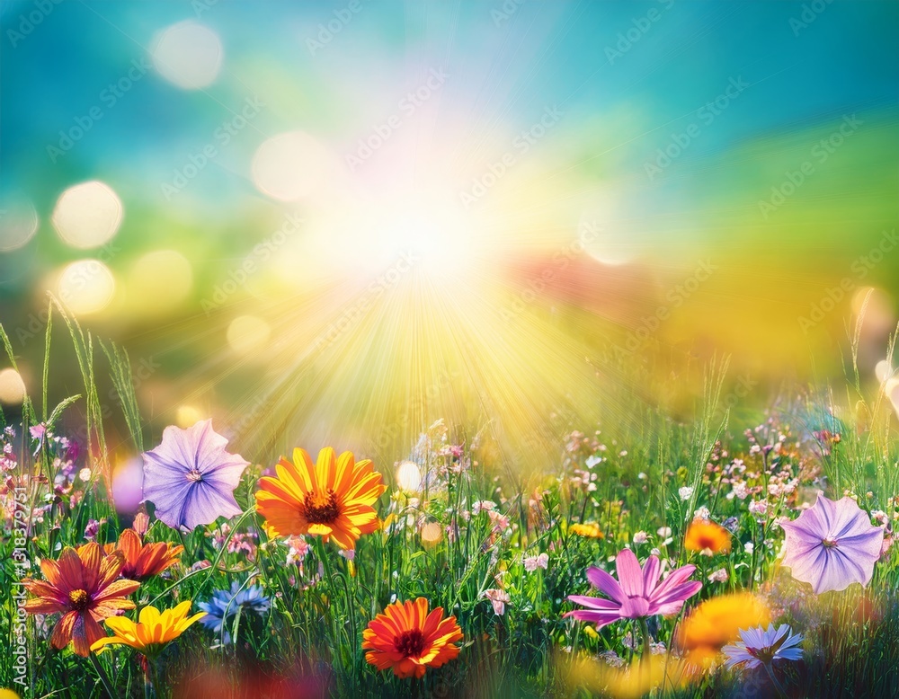 Fototapeta premium Colorful flower meadow with flowers in pastel hues with sunbeams in summer