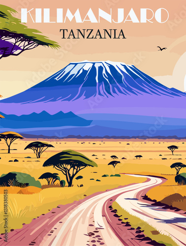 Kilimanjaro mountain, Tanzania Travel Destination Poster in retro style. African landscape digital print. Exotic summer vacation, holidays concept. Vintage vector colorful illustration.