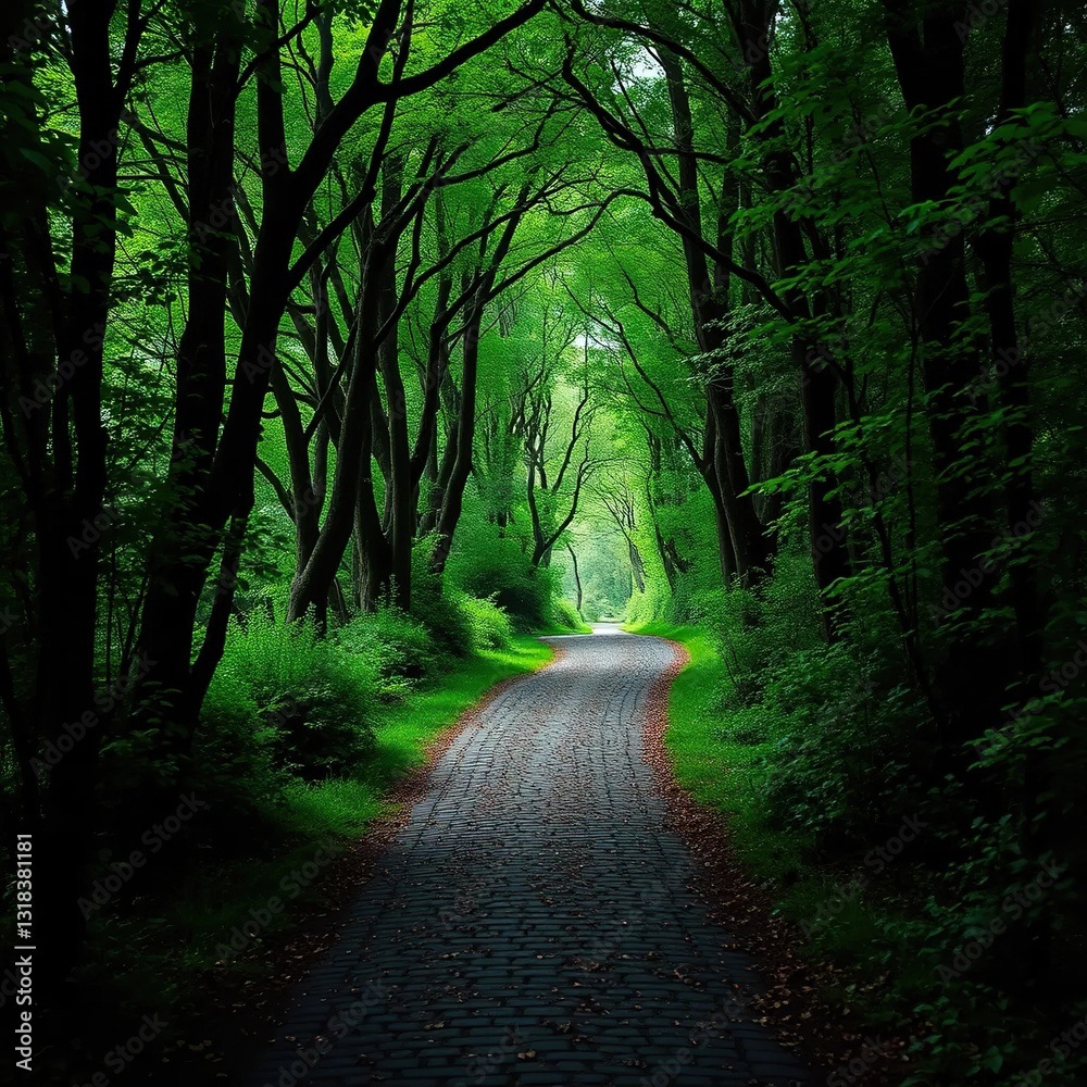 Obraz premium Dark forest pathway narrow winding cobblestone road, greenery, road