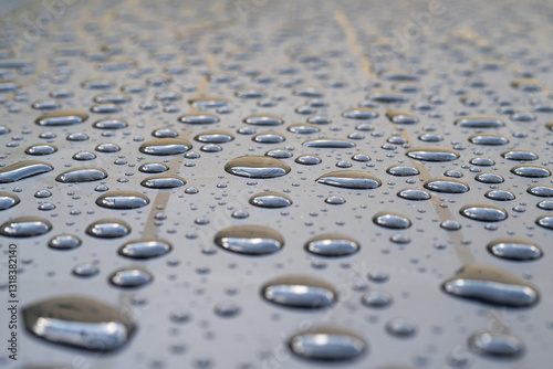 Картината върху платно Raindrops On Smooth Metal Surface Forming Waterproof Hydrophobic Effect Macro Cl