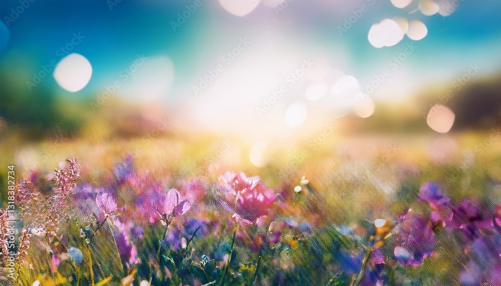 Fototapeta premium Colorful flower meadow with flowers in pastel hues with sunbeams in summer