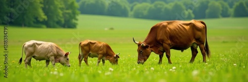 Bovine and porcine companions grazing together in a green meadow, animals, pig, cow