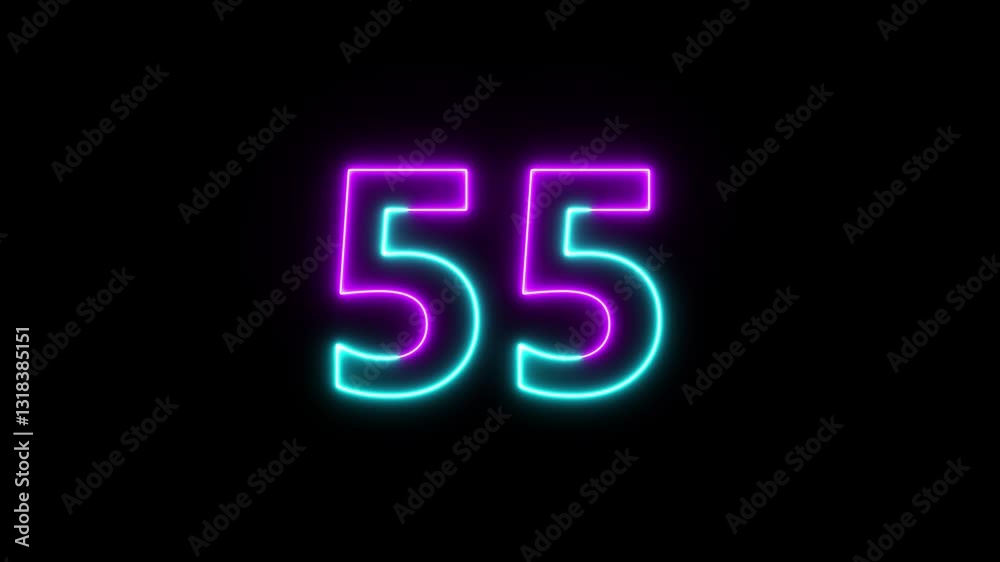 Timer from 60 to 0 seconds. 1 minute countdown. 60 seconds countdown timer animation. Neon bright glowing countdown timer from 60 to 0 seconds.