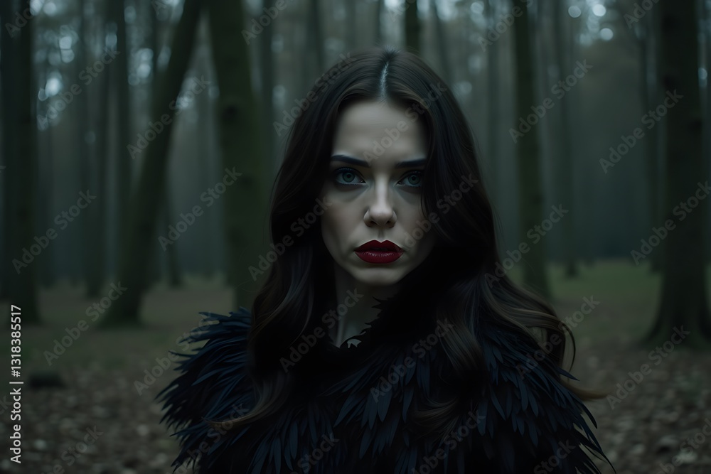 A mysterious woman with piercing red lips and a black feathered dress in a dark forest. A mysterious woman with piercing red lips and a black feathered dress in a dark forest.
