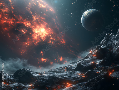 Fiery Nebula and Volcanic Planet Surface