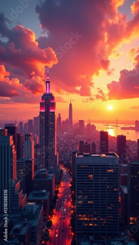 Cityscape at sunset with iconic building , urban, architecture, landscape