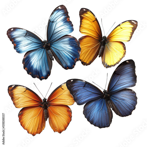 Beautiful blue, green, and yellow butterflies isolated on white background.PNG photo