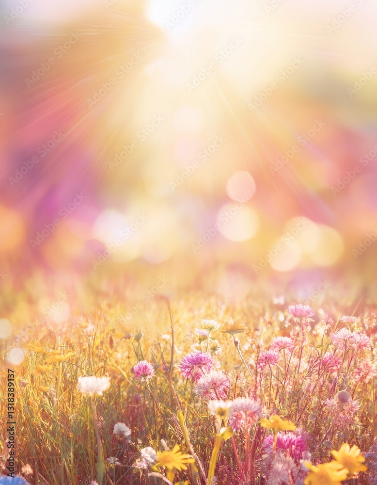 Fototapeta premium Colorful flower meadow with flowers in pastel hues with sunbeams in summer