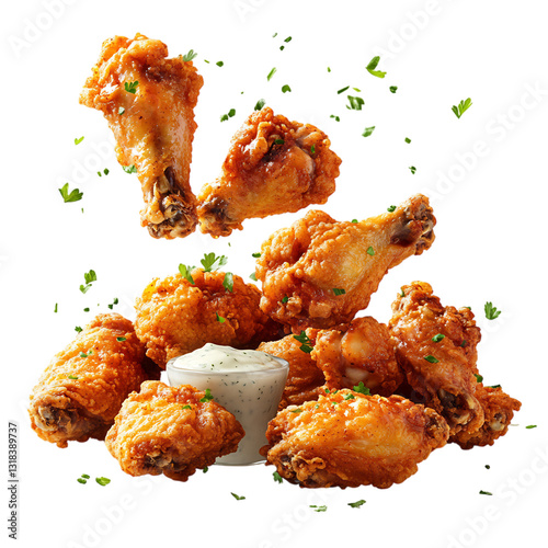 Buffalo Fried Chicken Wings with Ranch Dipping Sauce Isolated on Transparent Background