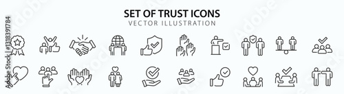 Trust web icons in line style. Integrity, confidence, reliability, credibility, empathy, friends collection. Vector illustration.