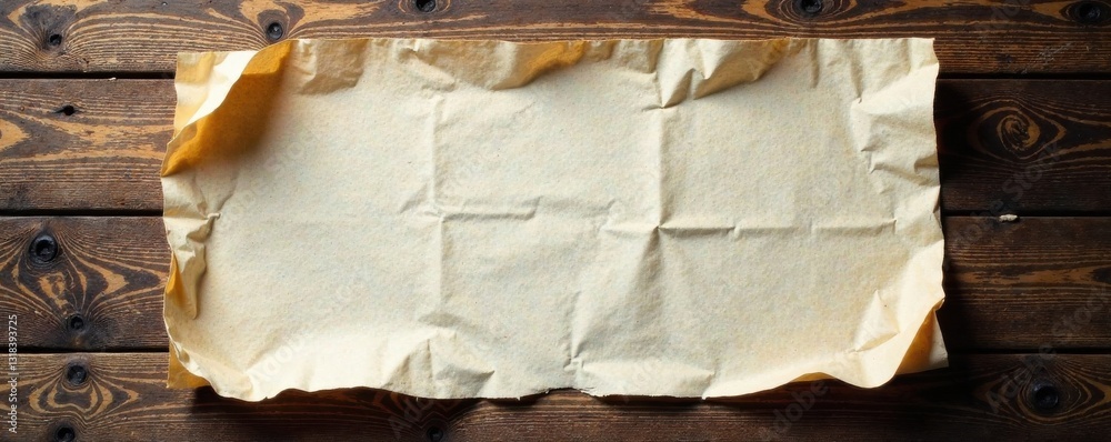 Crumpled newspaper on a old wooden table, mess, texture, cluttered