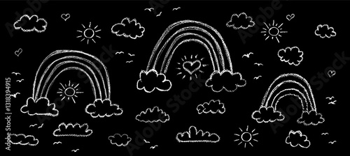 Set of abstract pencil clouds and rainbow. Hand drawn cartoon cloudy sky and sun. Vector illustration collection of white hearts and birds silhouette. Imitation of a child's drawing on blackboard.