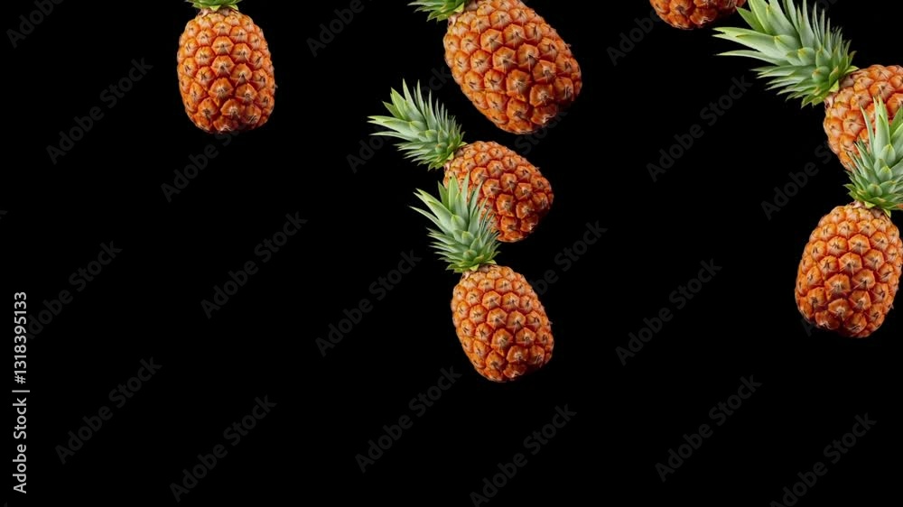 Falling fresh Pineapples motion graphics with plain black background