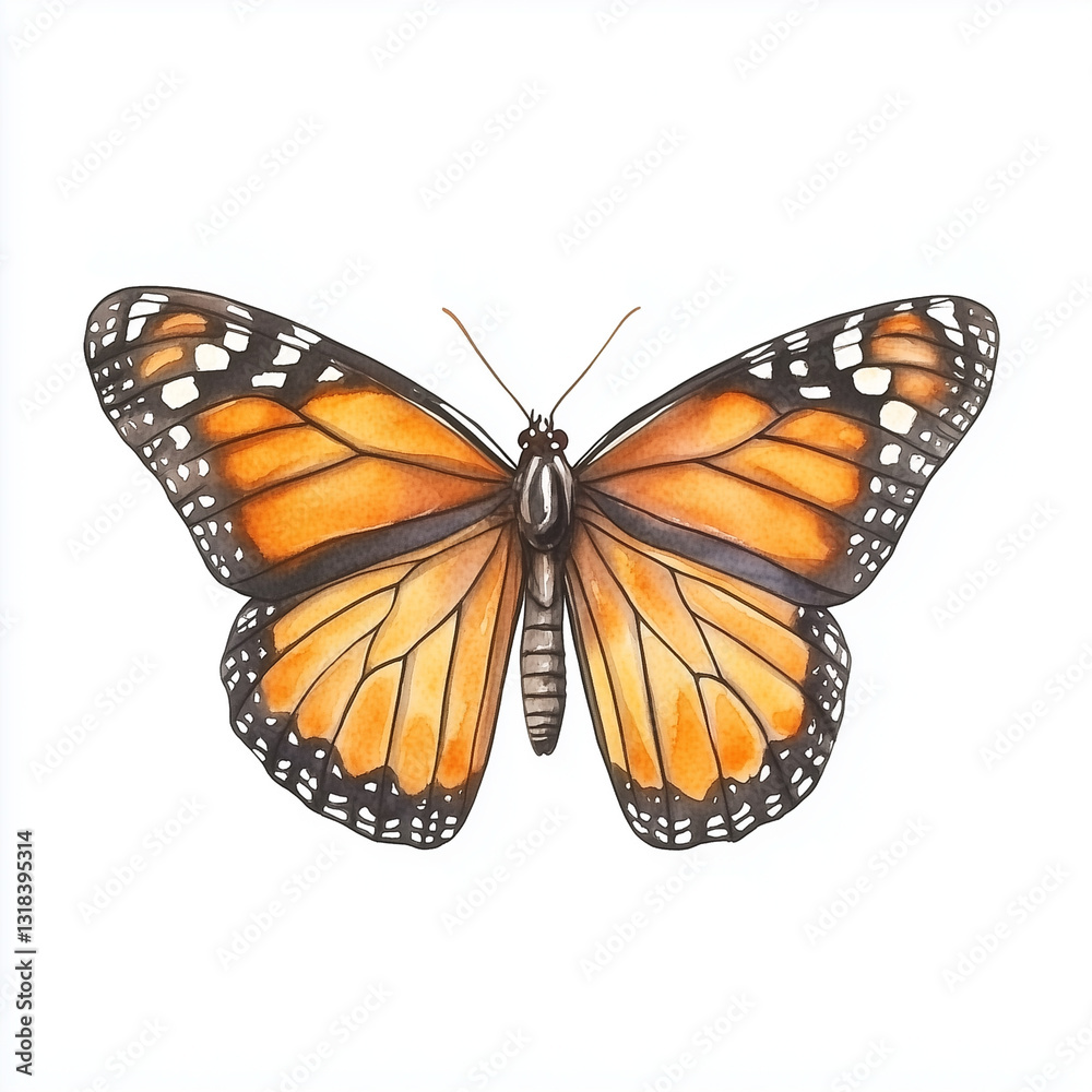 Fototapeta premium Illustration of the Monarch Butterfly in flight, soft watercolor tones, white background, detailed illustration, cartoonish.