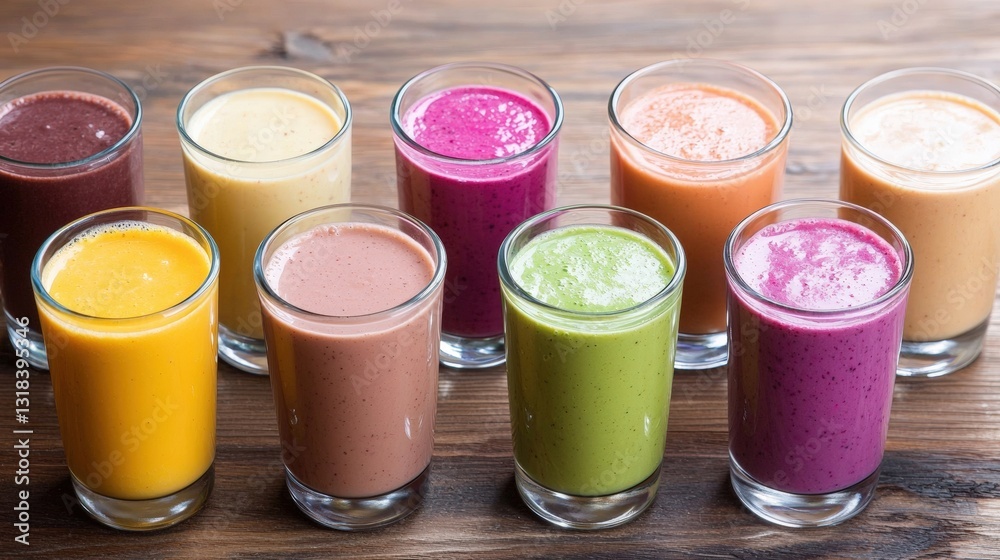 Artistic still life displaying a variety of colorful smoothie flavors in glasses with fresh fruit accents Artistic still life displaying a variety of colorful smoothie flavors in glasses with fresh fruit accents