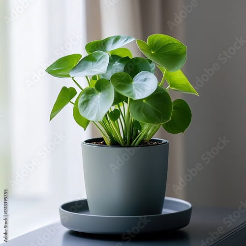 Lush Green Pilea Peperomioides in Grey Pot photo