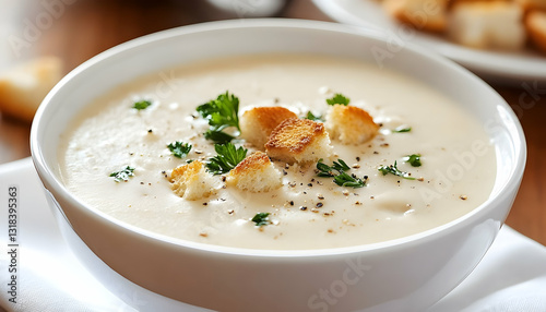 Creamy White Soup With Croutons And Parsley