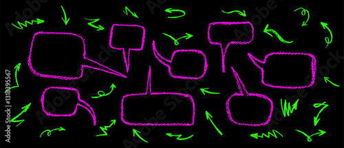 Crayon drawing speech buble set with graffiti style arrows. Collection of hand drawn chalk elements. Vector acid pink and green charcoal handwriting comic text clouds in doodle style. Grunge texture