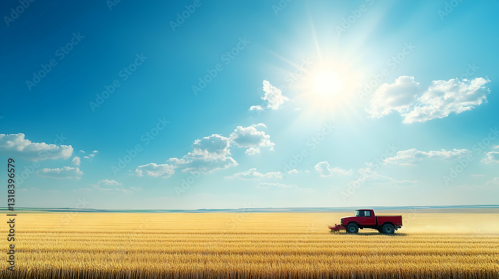 Fototapeta premium Red Tractor Working Golden Wheat Field Under Sunny Sky