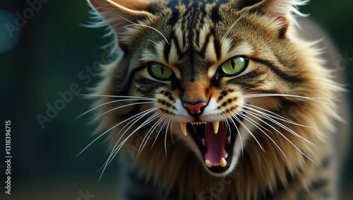 Closeup of an angry cat. The cat is growling.