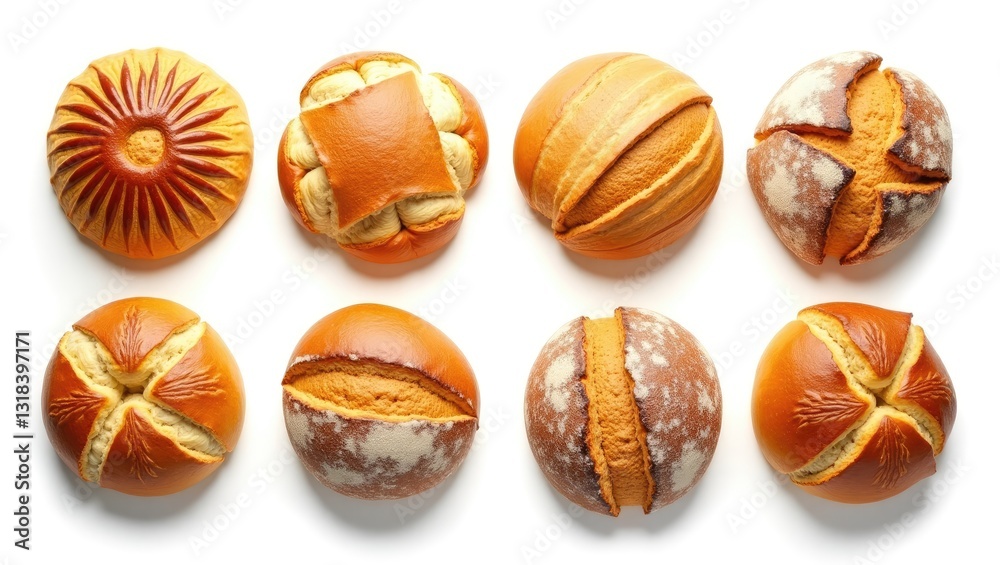 A collection of freshly baked sourdough breads featuring unique artisanal patterns, set against a clean white background. A collection of freshly baked sourdough breads featuring unique artisanal patterns, set against a clean white background.