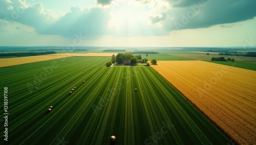 Aerial view over fields featuring straw bales. Soybean, sunflowers, and maize.