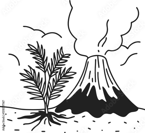 Volcano erupting with smoke and ash, illustration with plant nature power, volcanic landscape, magma activity