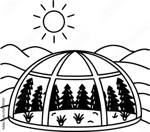 Geodesic dome greenhouse in nature, trees, and mountains under sun eco friendly architecture illustration